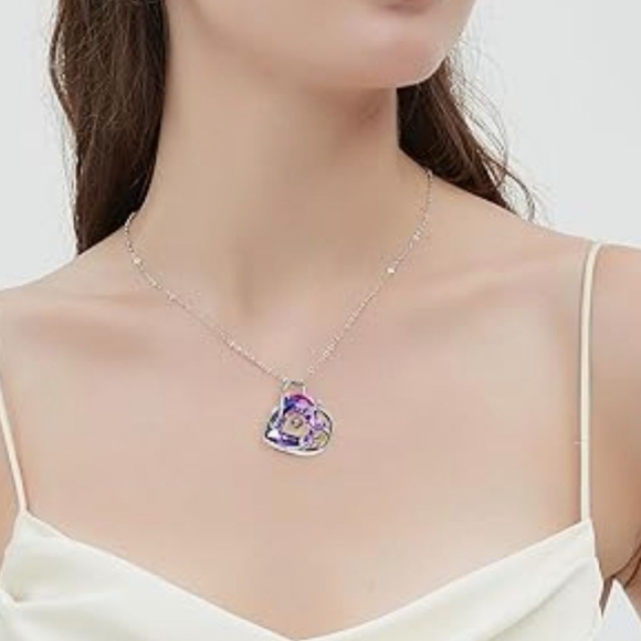 Rhodium Plated Heart Crystal Pendant Necklace, Pink - Picture 2 of 3